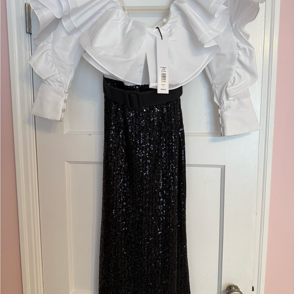 Badgley Mischka White Ruffle Top and Black Sequin Maxi Dress